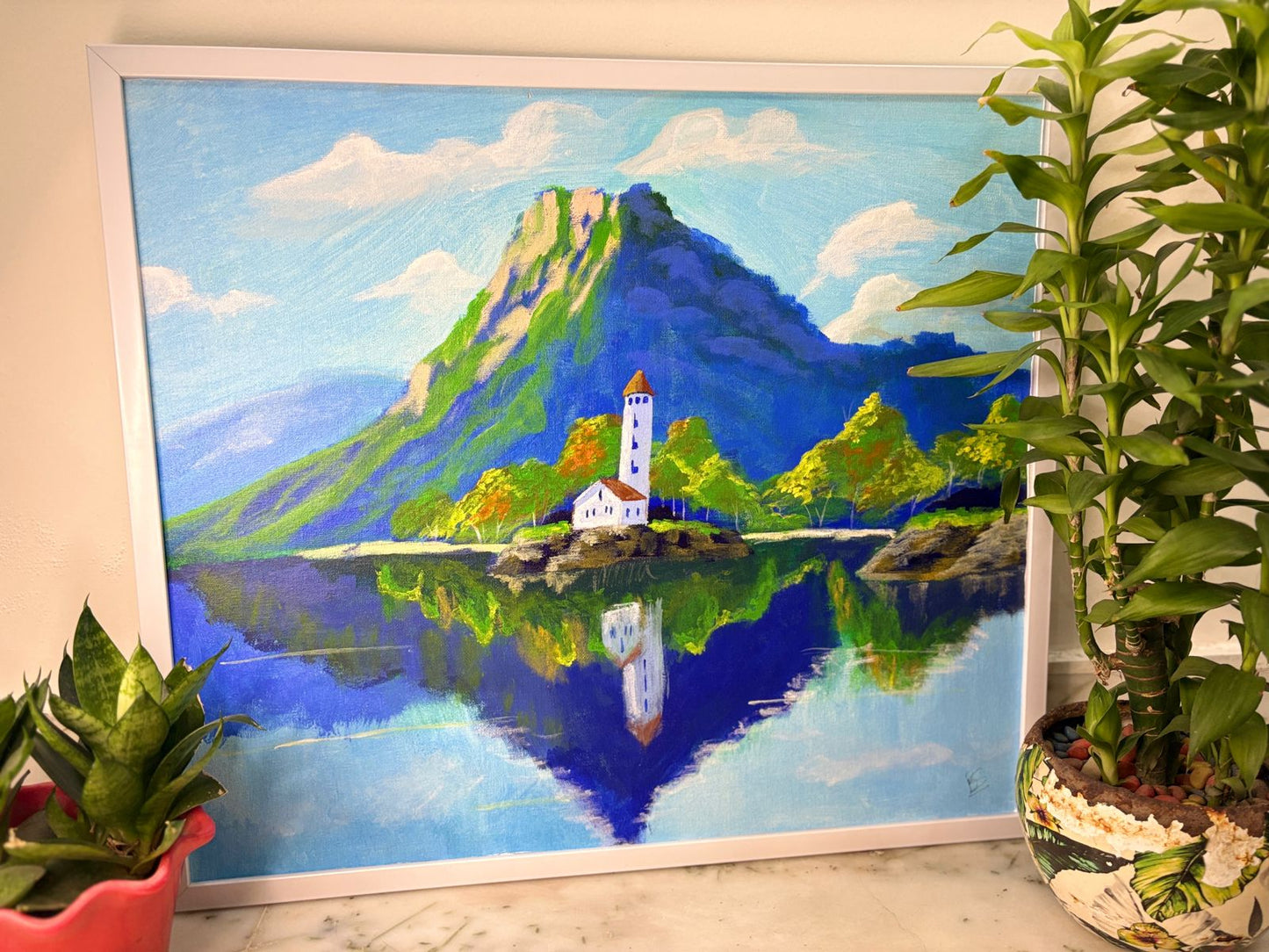 “Tranquil Reflections” – Hand-Painted Lakeside Landscape