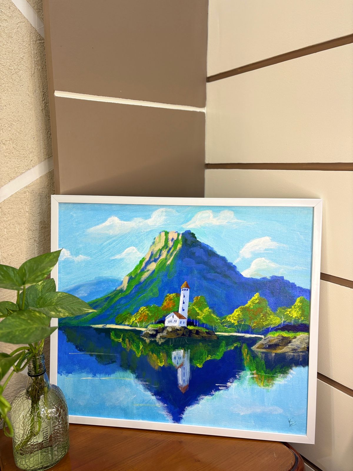 “Tranquil Reflections” – Hand-Painted Lakeside Landscape