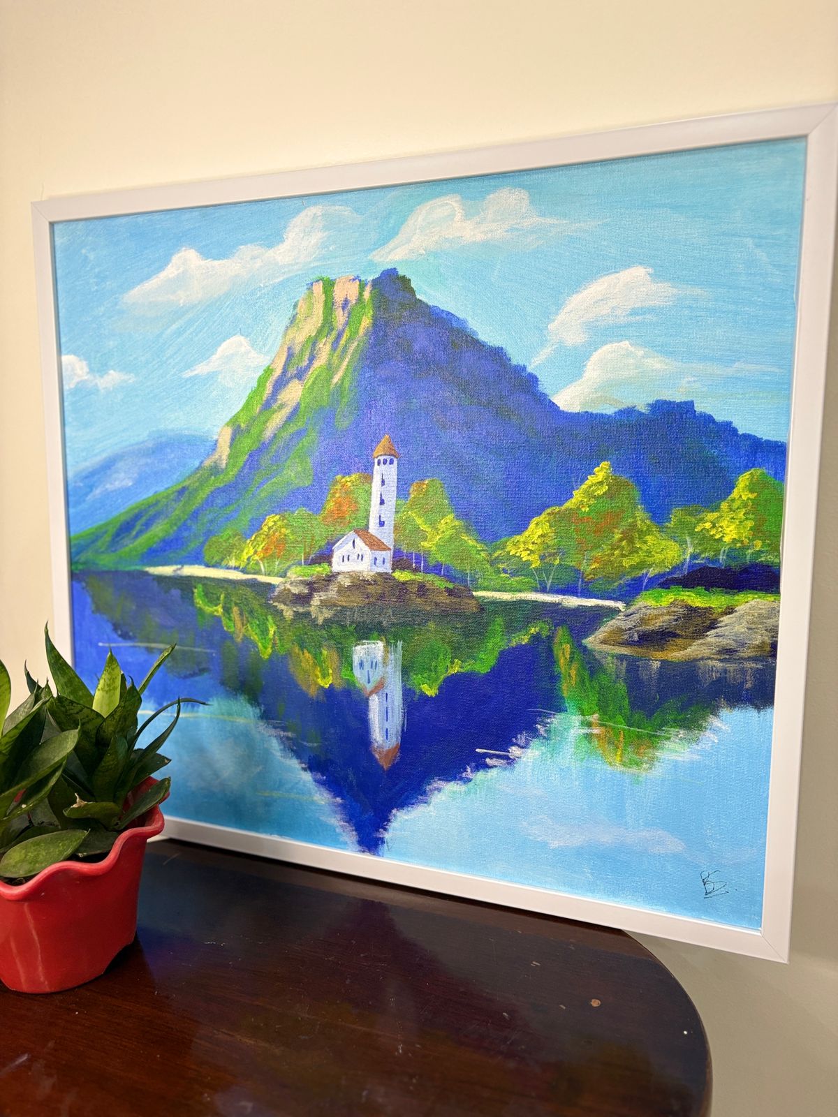 “Tranquil Reflections” – Hand-Painted Lakeside Landscape