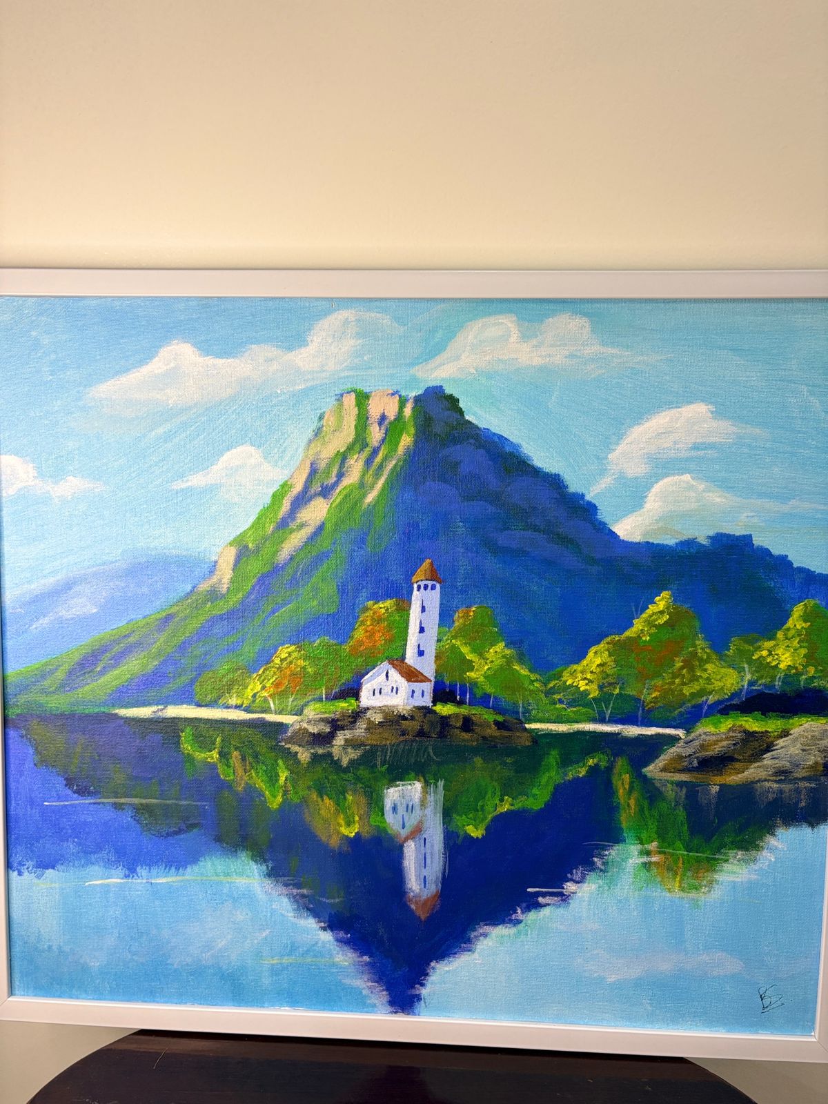 “Tranquil Reflections” – Hand-Painted Lakeside Landscape