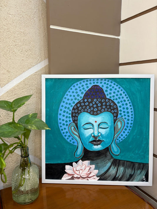 “Serenity in Stillness” - Hand-Painted Buddha Portrait with Lotus
